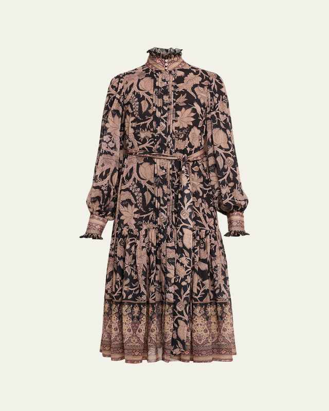 Moses Pintuck Floral-Print Midi Dress